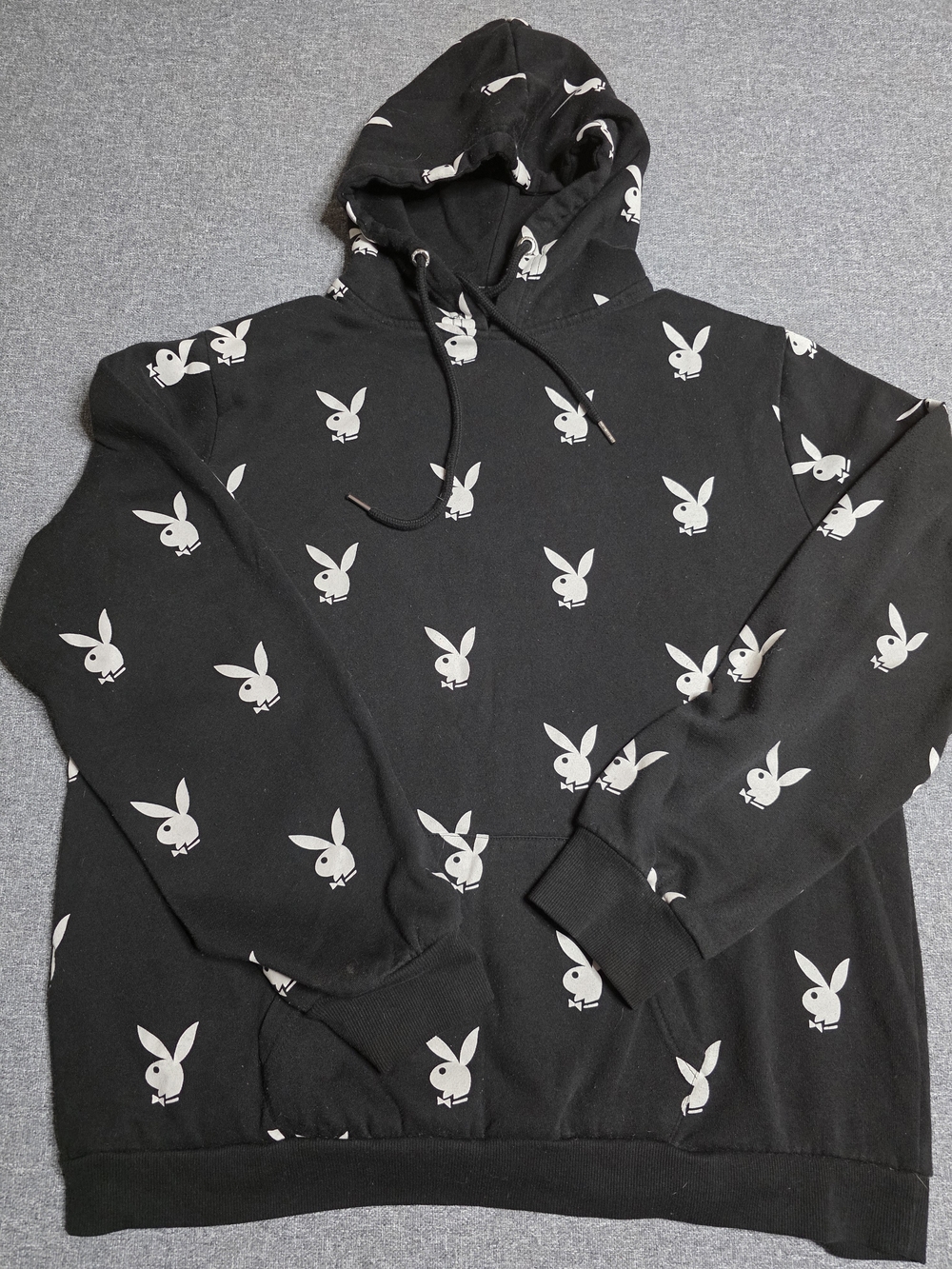 Playboy All-Over Bunny Logo Print Black Hoodie - Size Large